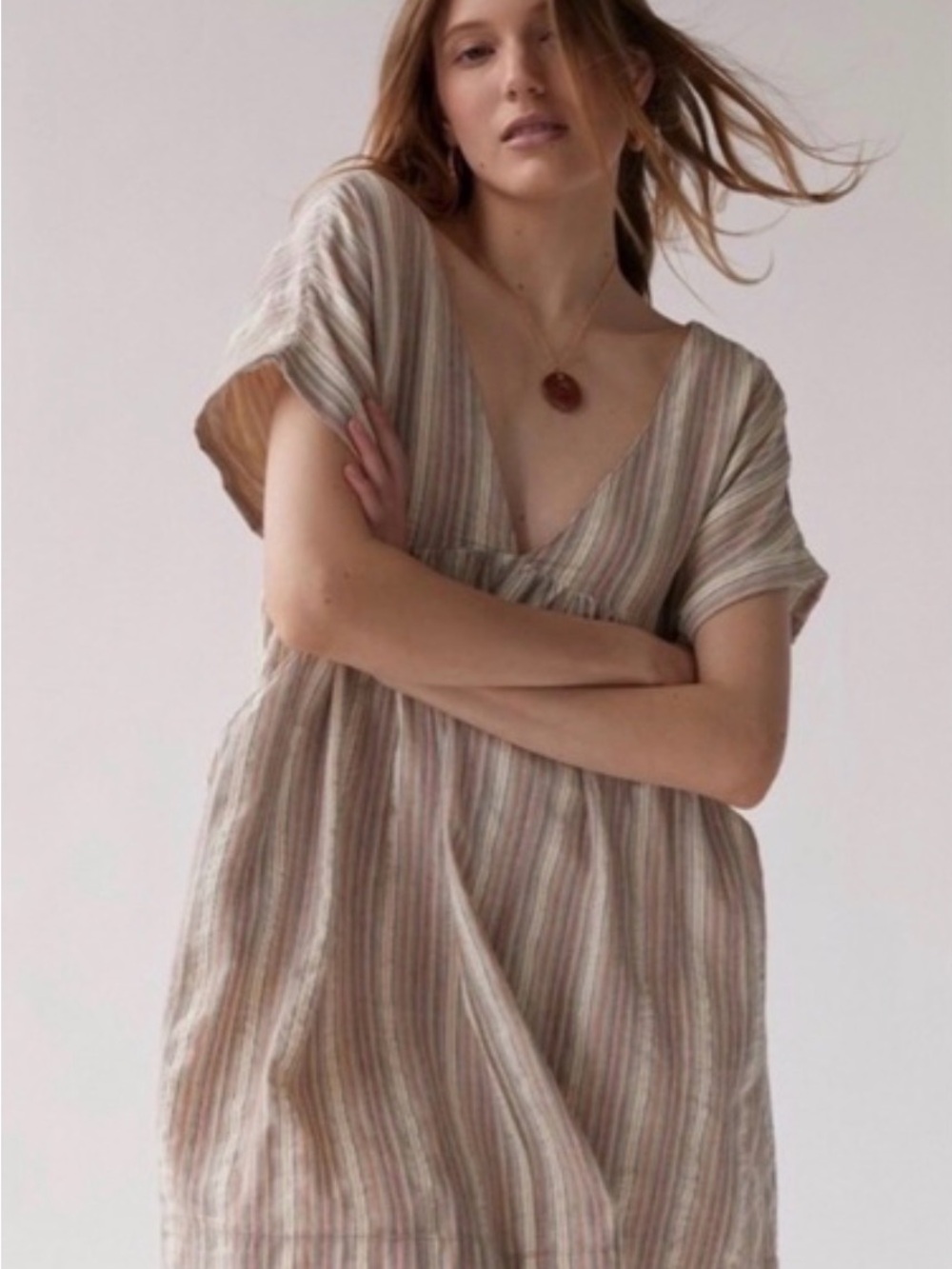 Vintage Urban cotton/linen Striped V-Neck Short Sleeve Women's Top